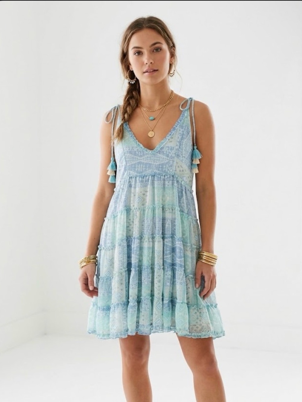 Blue B. Collection Boho Tiered Tassel Tie Mini Dress